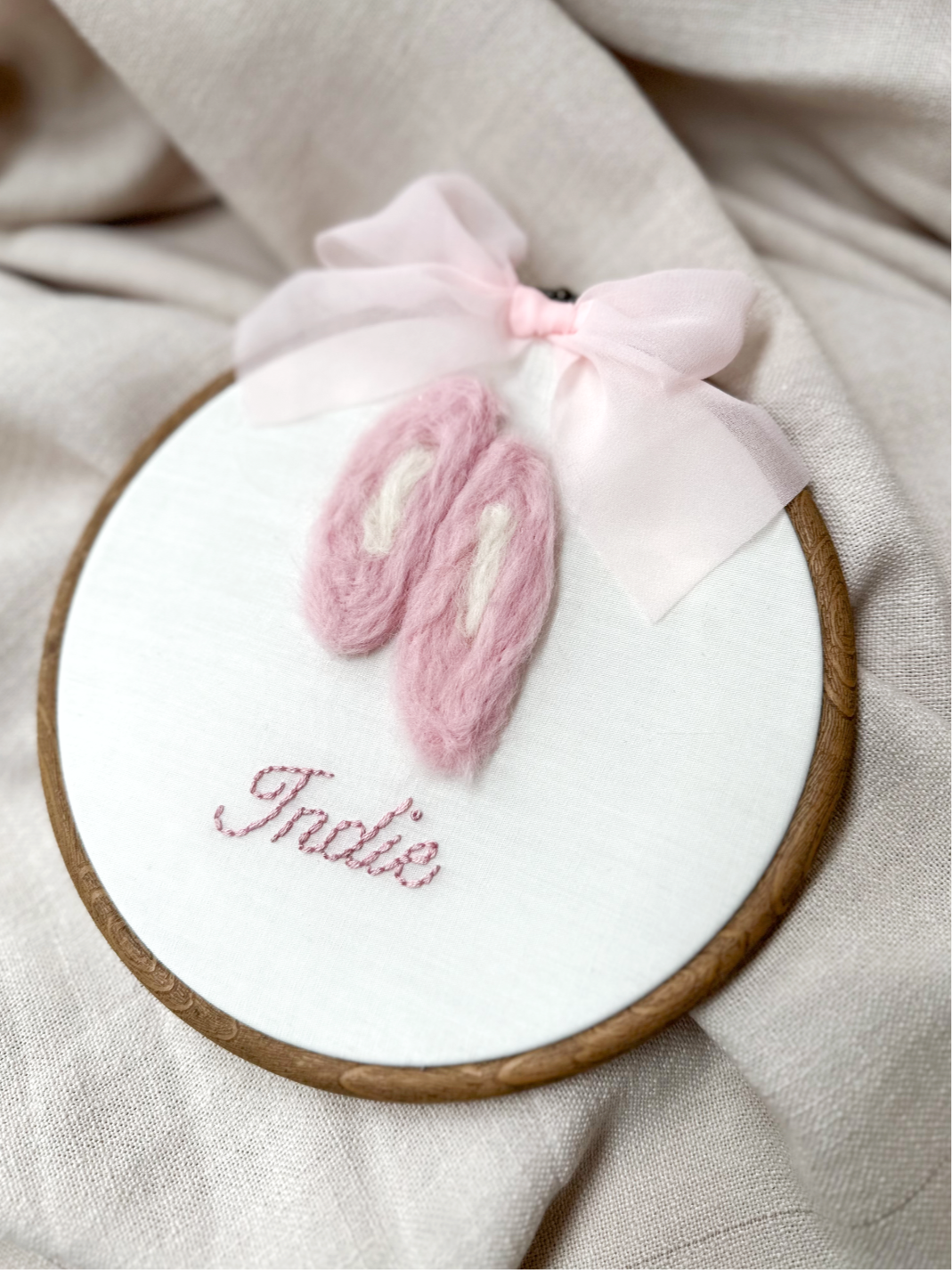 Ballet Shoes Heirloom Needle Felted Hoop with Hand Embroidery.