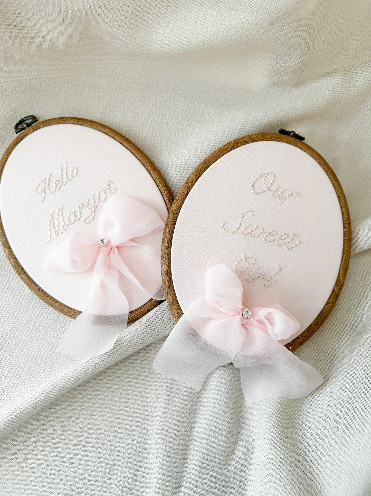 ISADORA Embroidery Design. Pink Fabric, Ivory Embroidery & Pink Chiffon Bow.