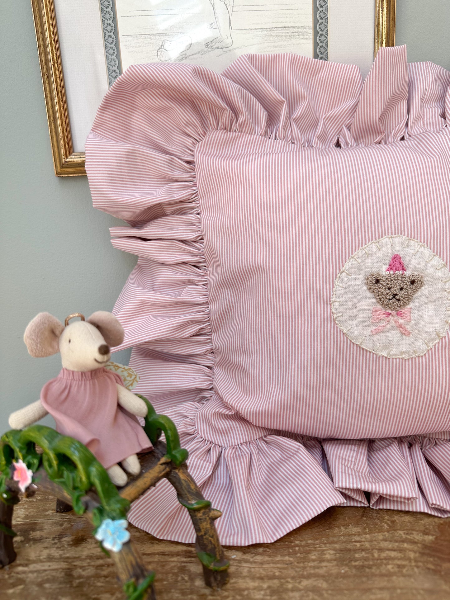 Small Handmade Pink Pinstripe Childrens Cushion - with Hand Embroidery Master Posie Teddy Bear.