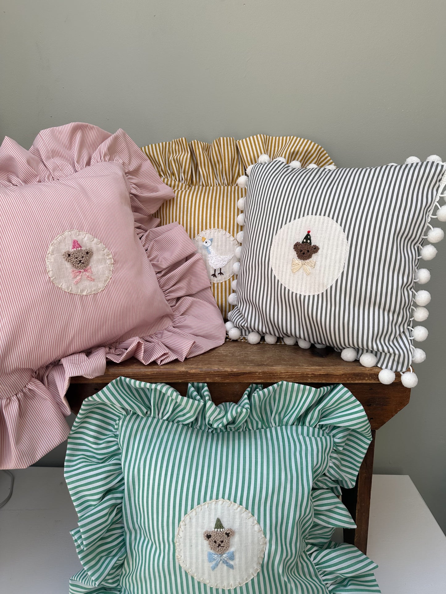 Small Handmade Grey Stripe Cushion with Hand Embroidered Master Ted Teddy Bear