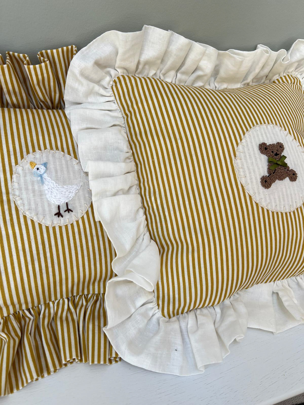 Large Handmade Mustard Stripe and White Frill Cushion - Hand Embroidered Master Albert Teddy Bear Cushion