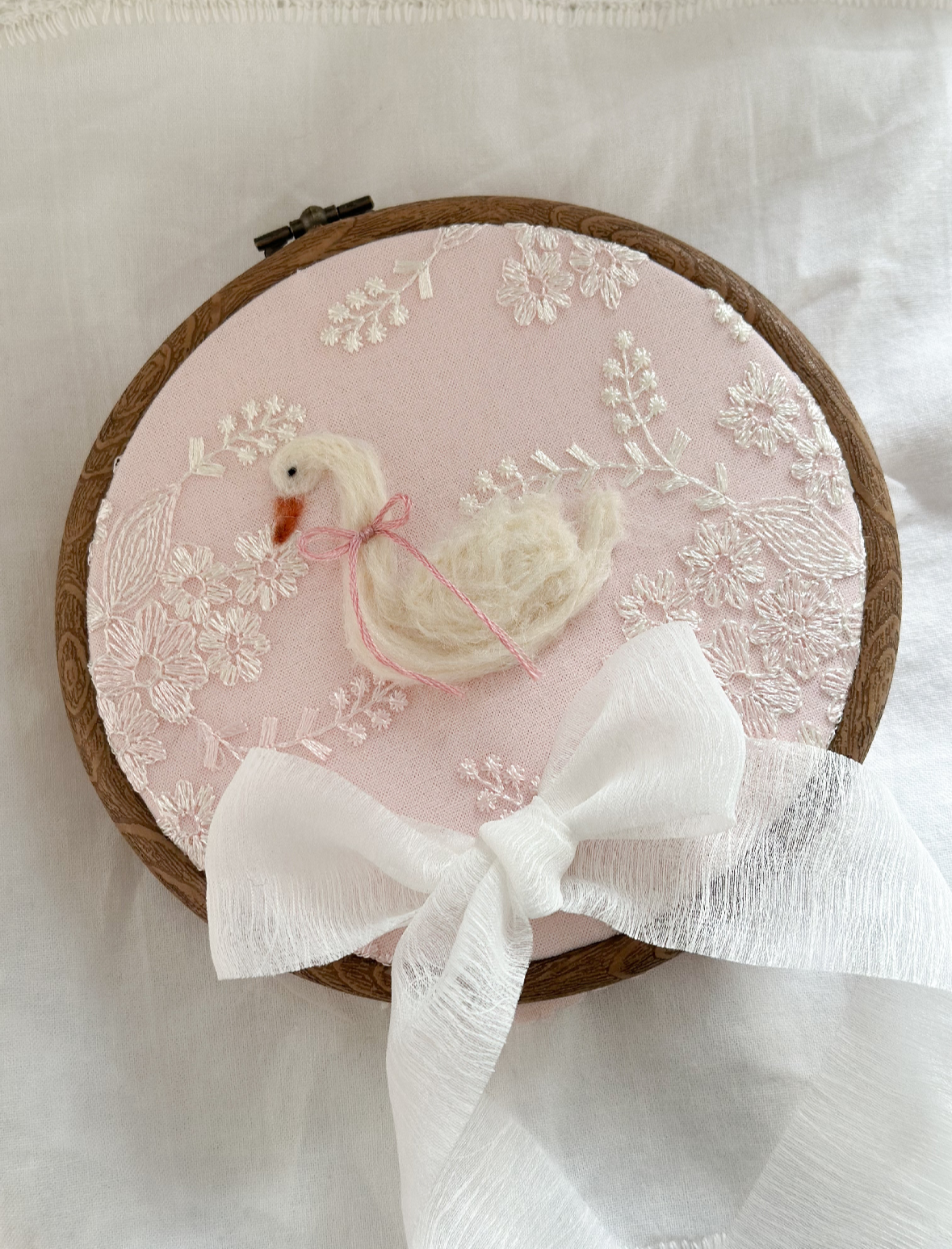 Handmade Needle Felted Swan Embroidery Hoop