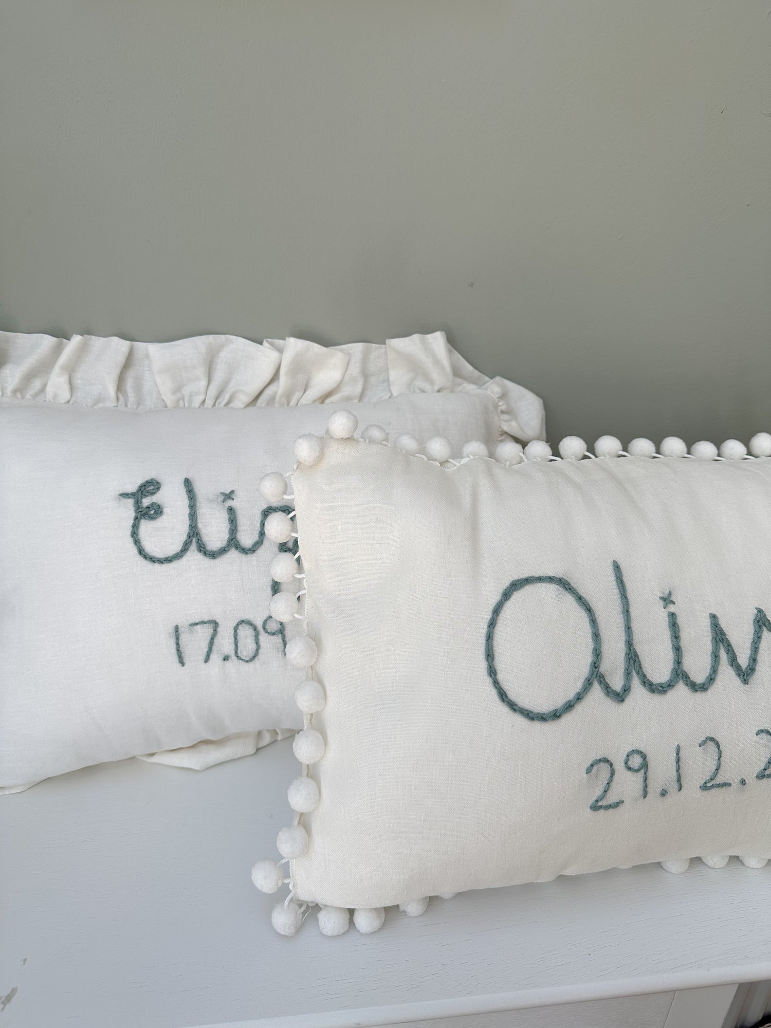 Heirloom Hand Embroidered Name and Birth Cushion.