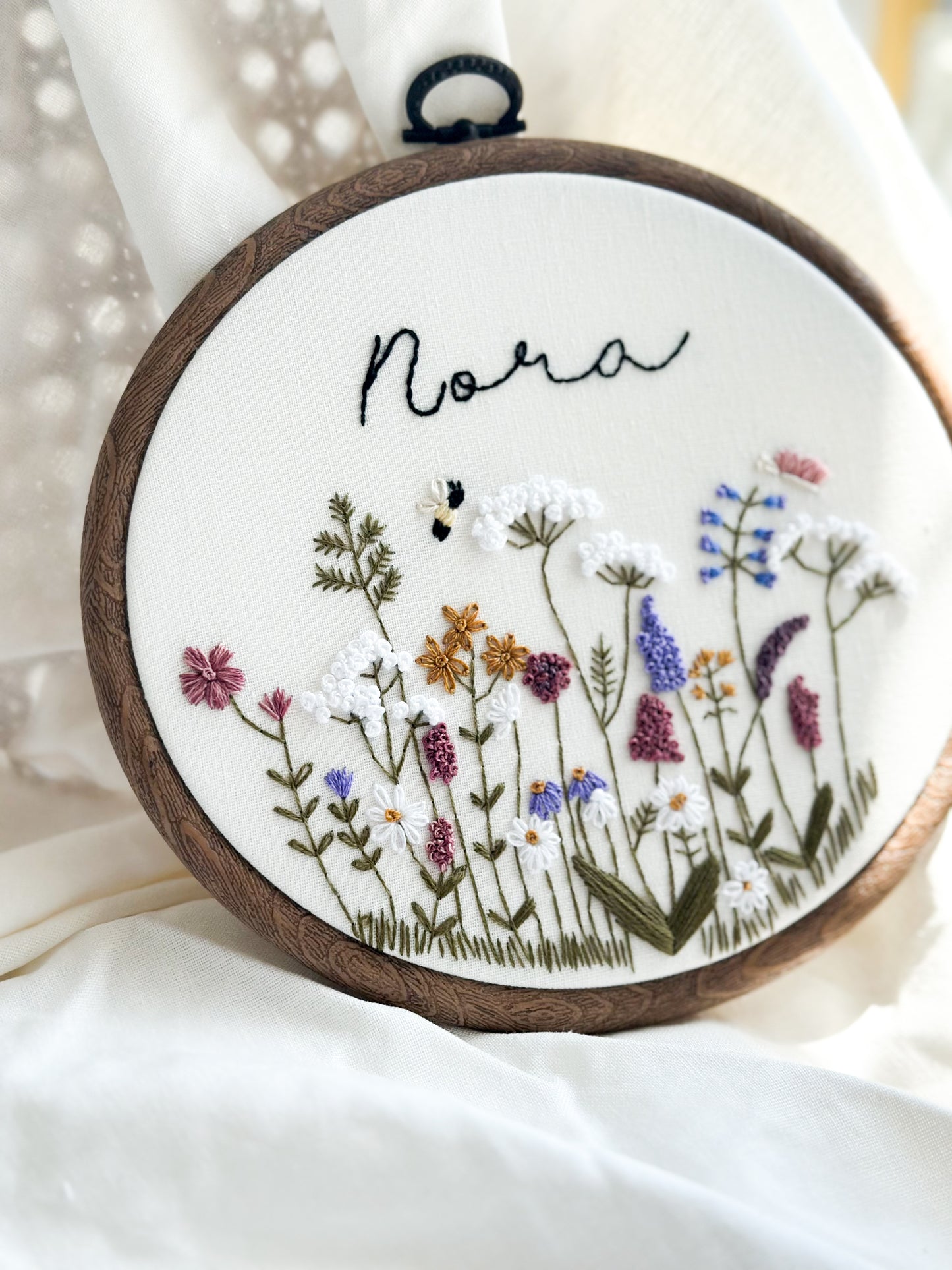 ‘Wildflowers and Daydreams’ hand embroidered keepsake hoop.
