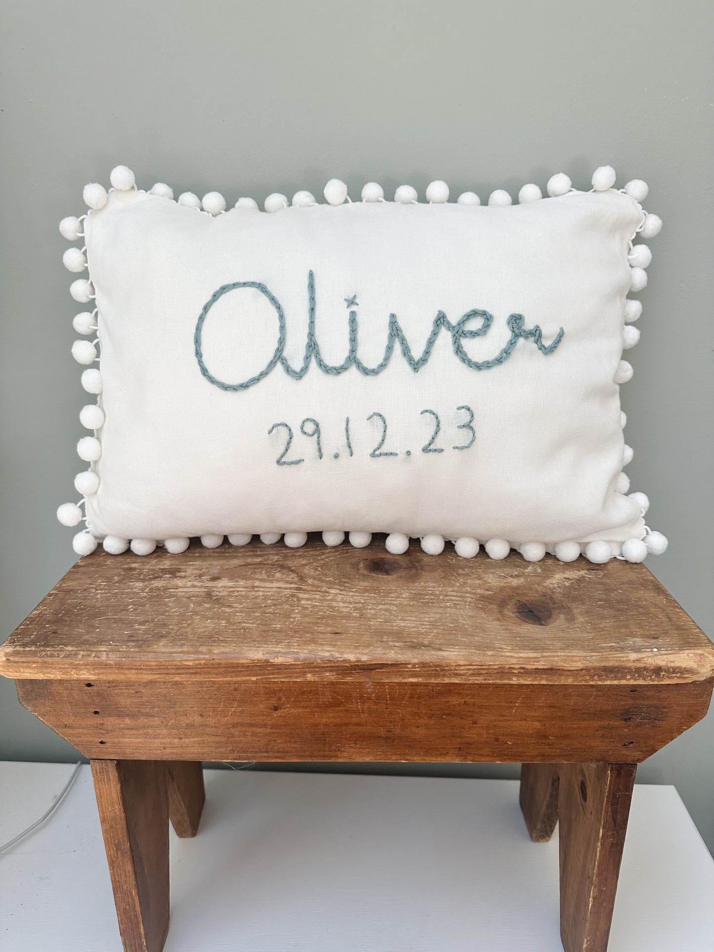 Hand Embroidered Date of Birth and Name Childrens First Cushion - Heirloom Keepsake