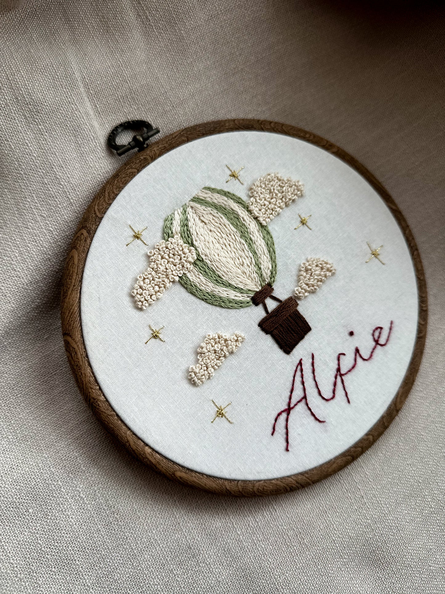 Hand Embroidered Heirloom Name Hoop with Stars