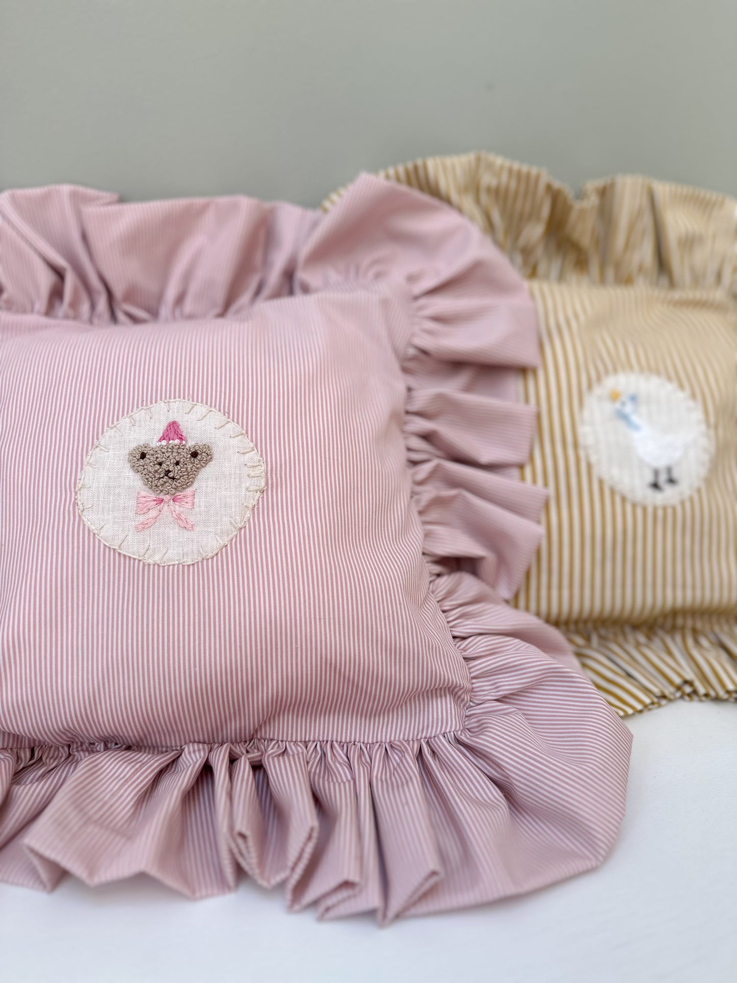 Handmade Pink Pinstripe Childrens Cushion - with Hand Embroidery Master Posie Teddy Bear.