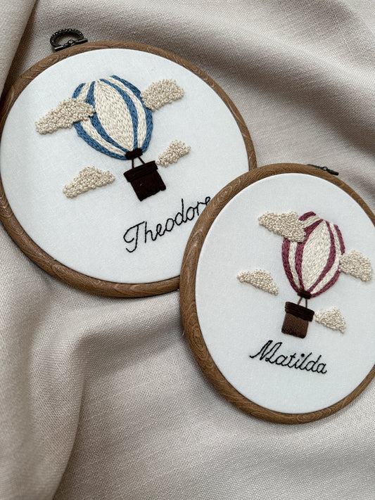 Hand Embroidered Personalised Hot Air Balloon Embroidery Hoop