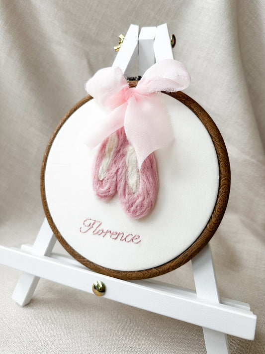 Ballet Shoes Heirloom Needle Felted Hoop with Hand Embroidery.