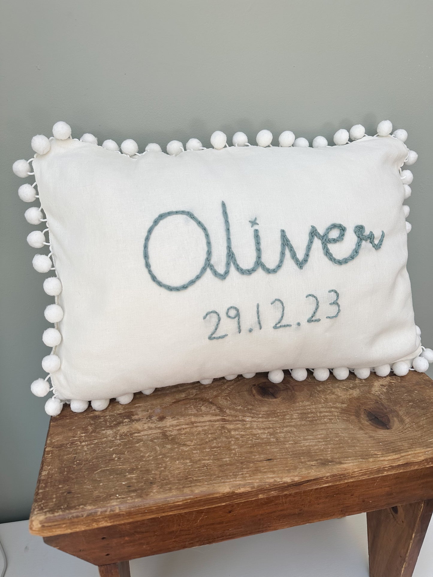 Hand Embroidered Date of Birth and Name Childrens First Cushion - Heirloom Keepsake