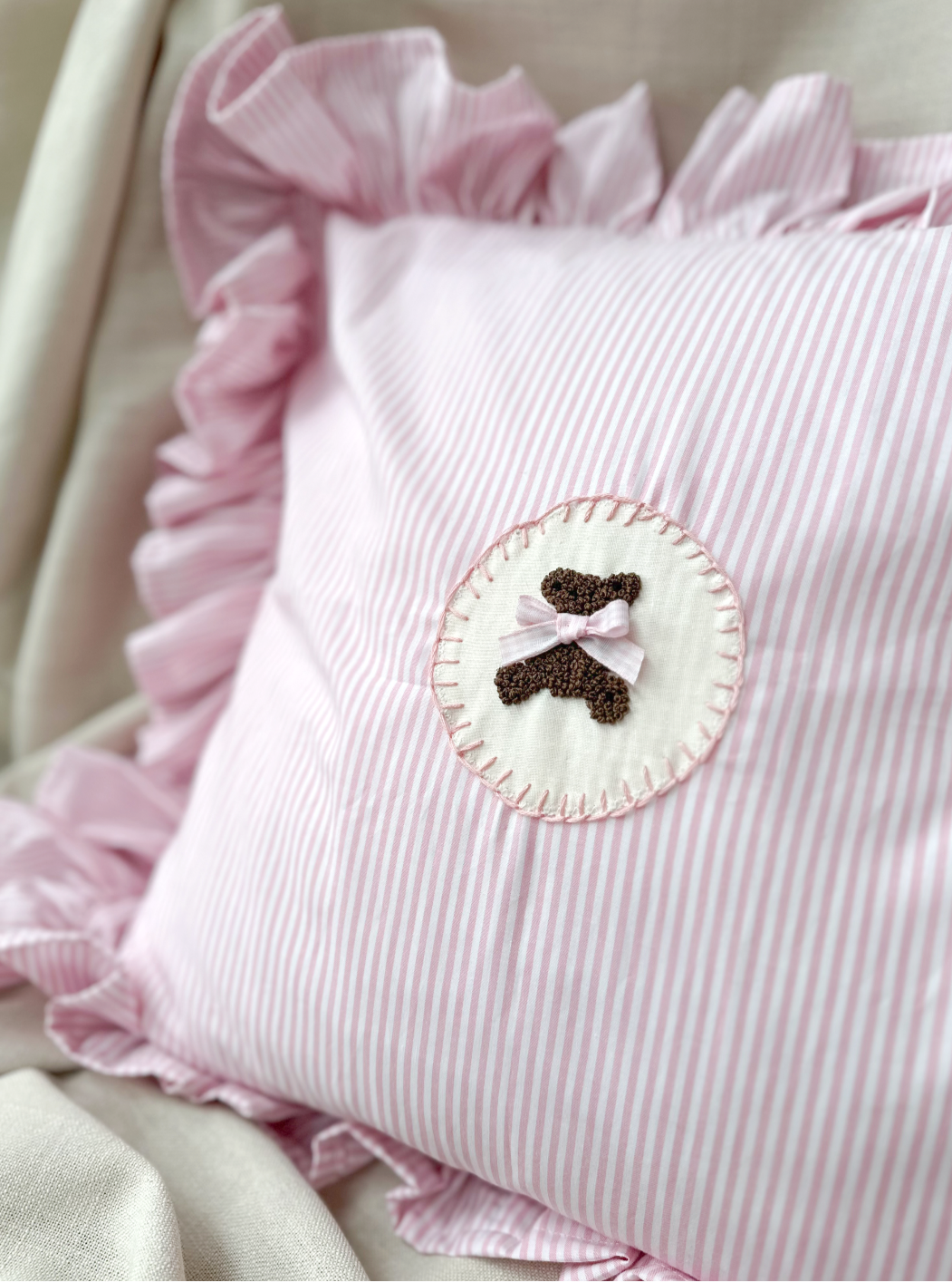 Large Handmade Hand Embroidered Pink Children’s Cushion