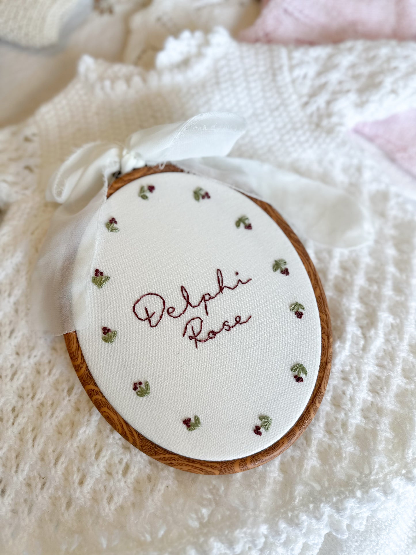 Floral name hand embroidered hoop
