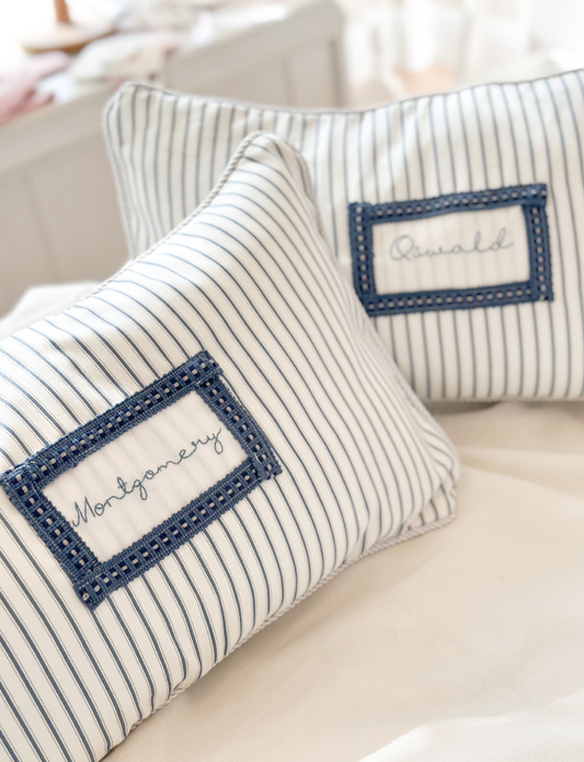 Handmade Heirloom Keepsake Personalised Ticking Stripe Childrens Cushion