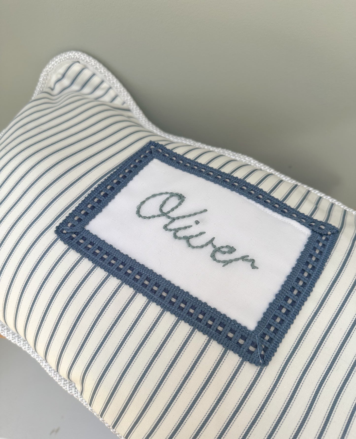 Handmade Heirloom Keepsake Personalised Ticking Stripe Childrens Cushion