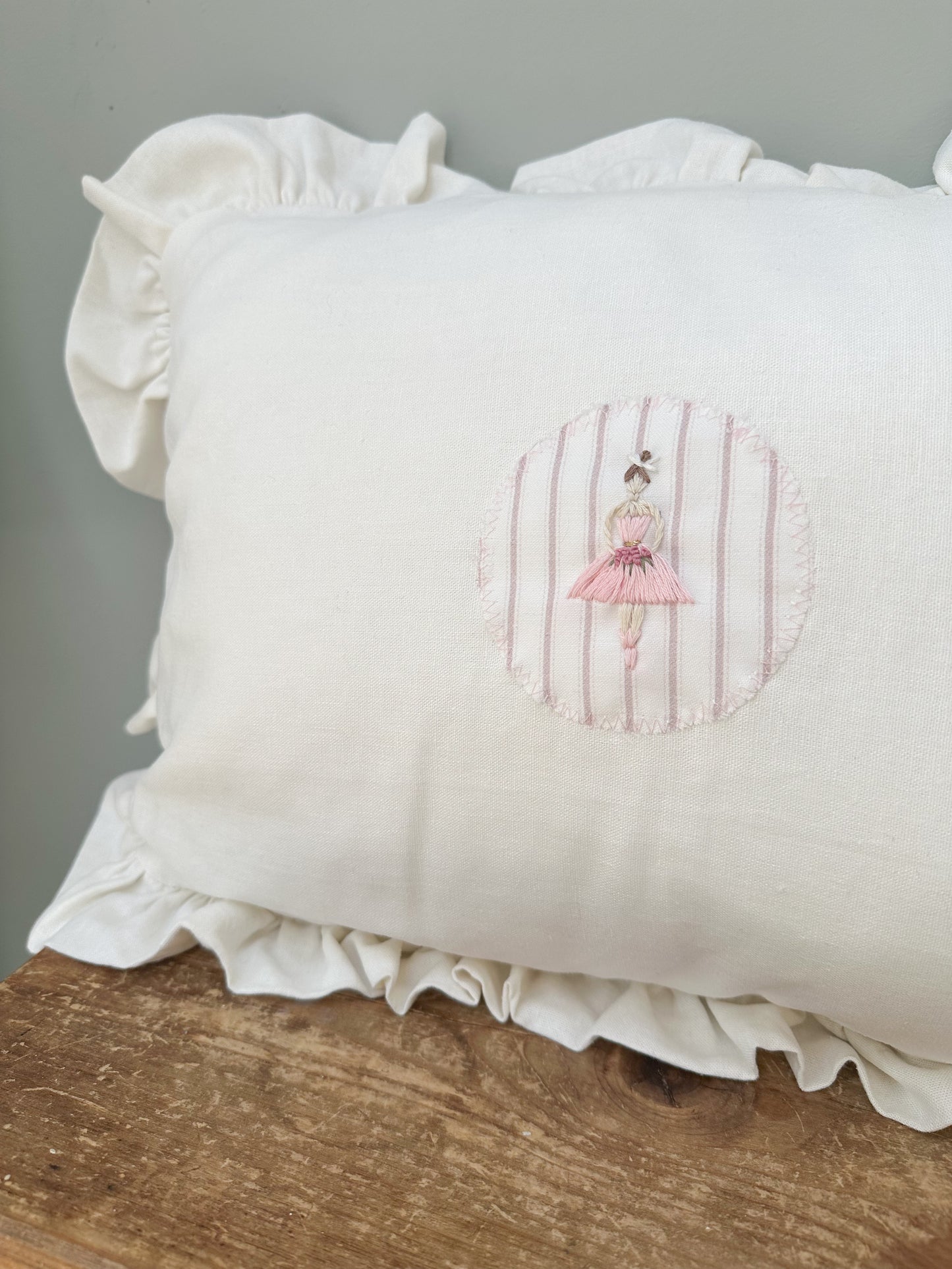 Handmade Linen Cushion, with Hand Embroidered Ballerina Cushion - 'Giselle'.