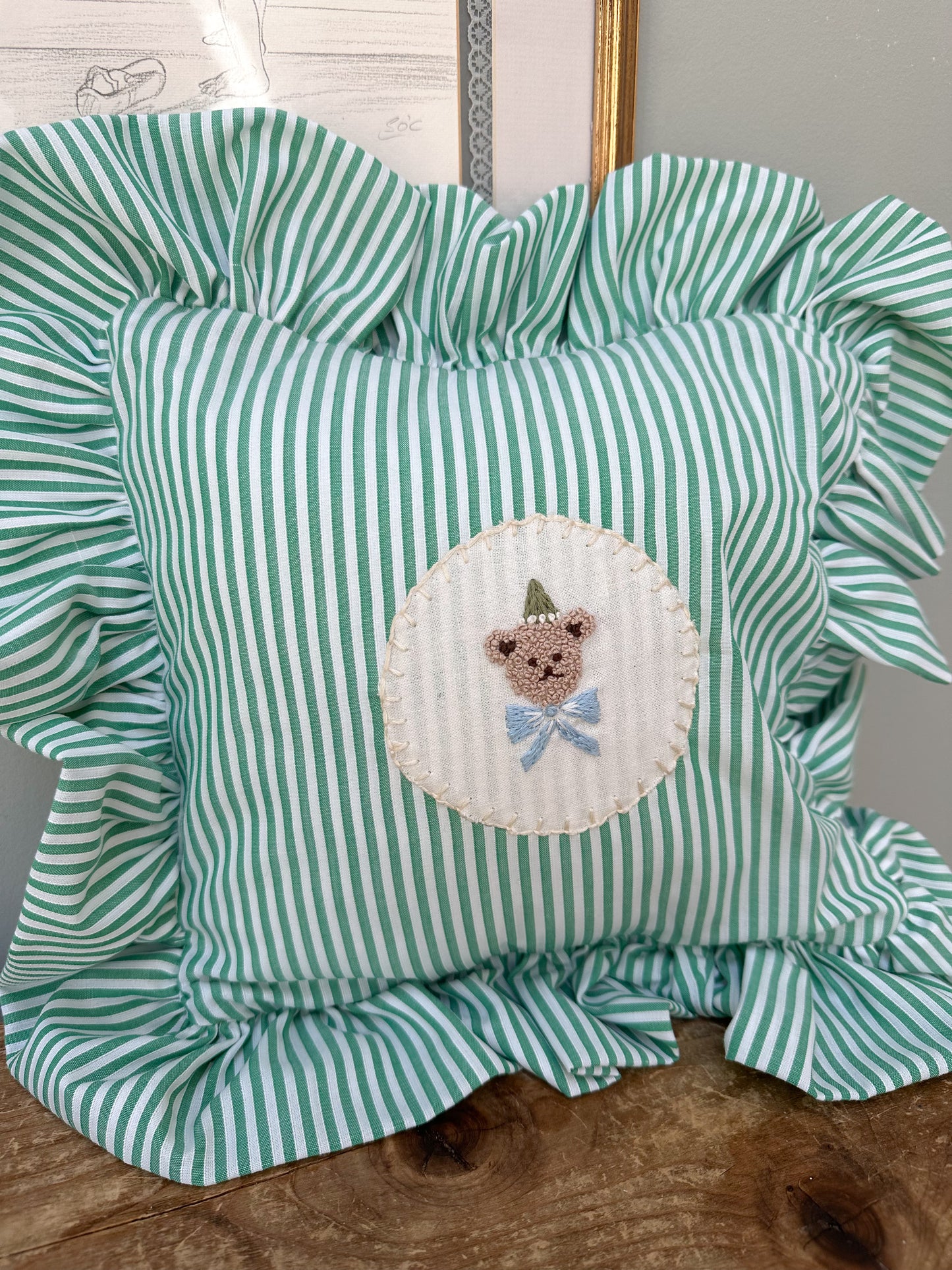 Handmade Green Pinstripe Childrens Cushion with Hand Embroidered Bear