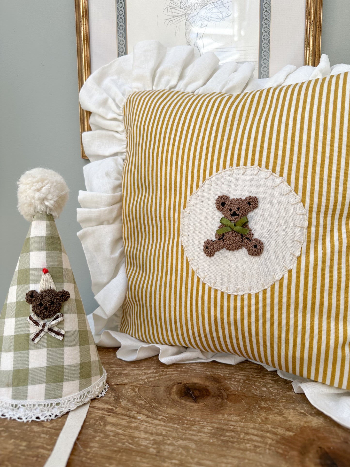 Handmade Mustard Stripe and White Frill Cushion - Hand Embroidered Master Albert Teddy Bear Cushion