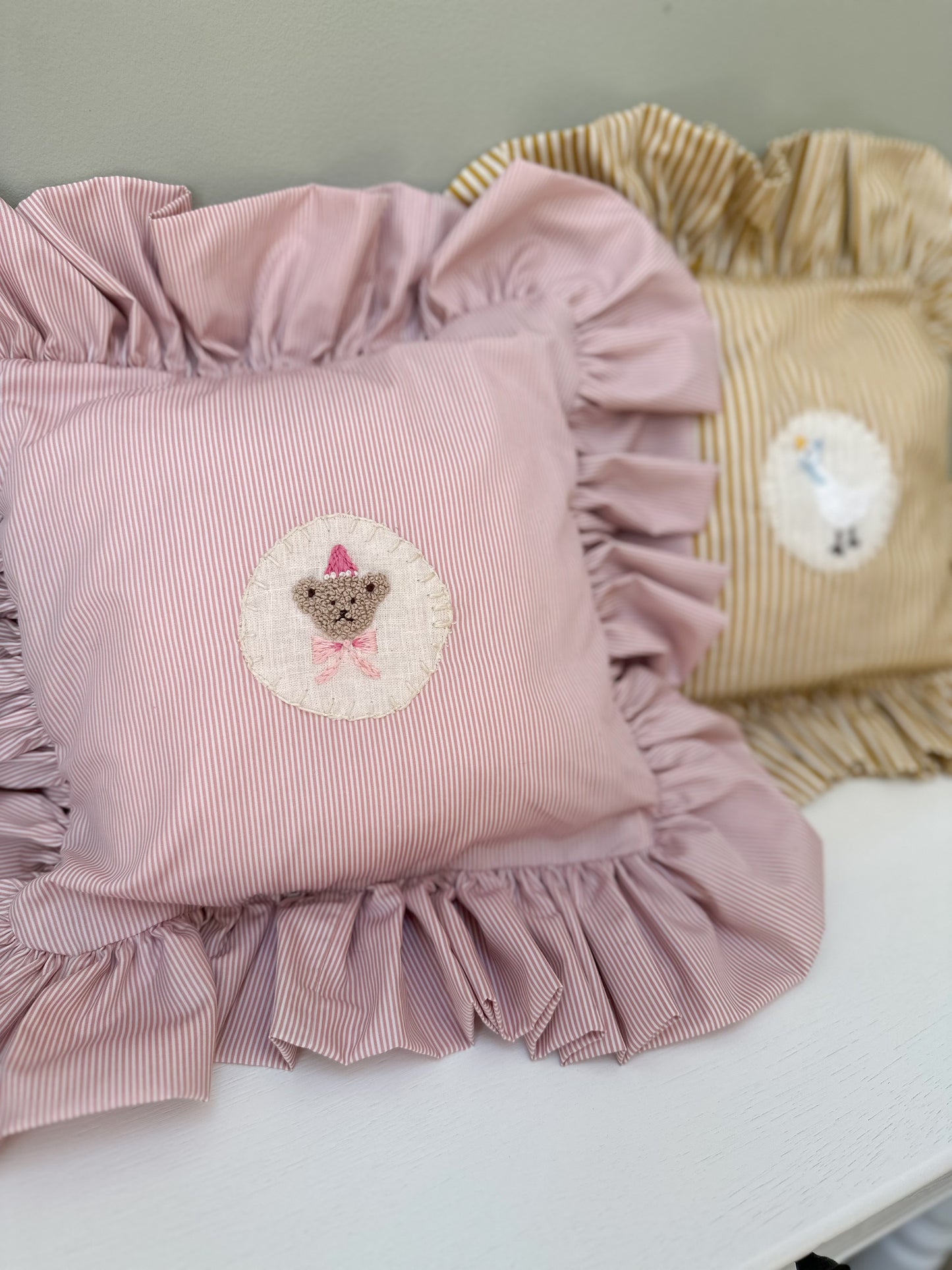 Handmade Pink Pinstripe Childrens Cushion - with Hand Embroidery Master Posie Teddy Bear.