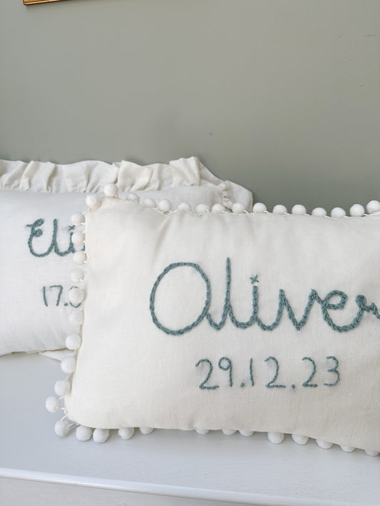 Hand Embroidered Date of Birth and Name Childrens First Cushion - Heirloom Keepsake