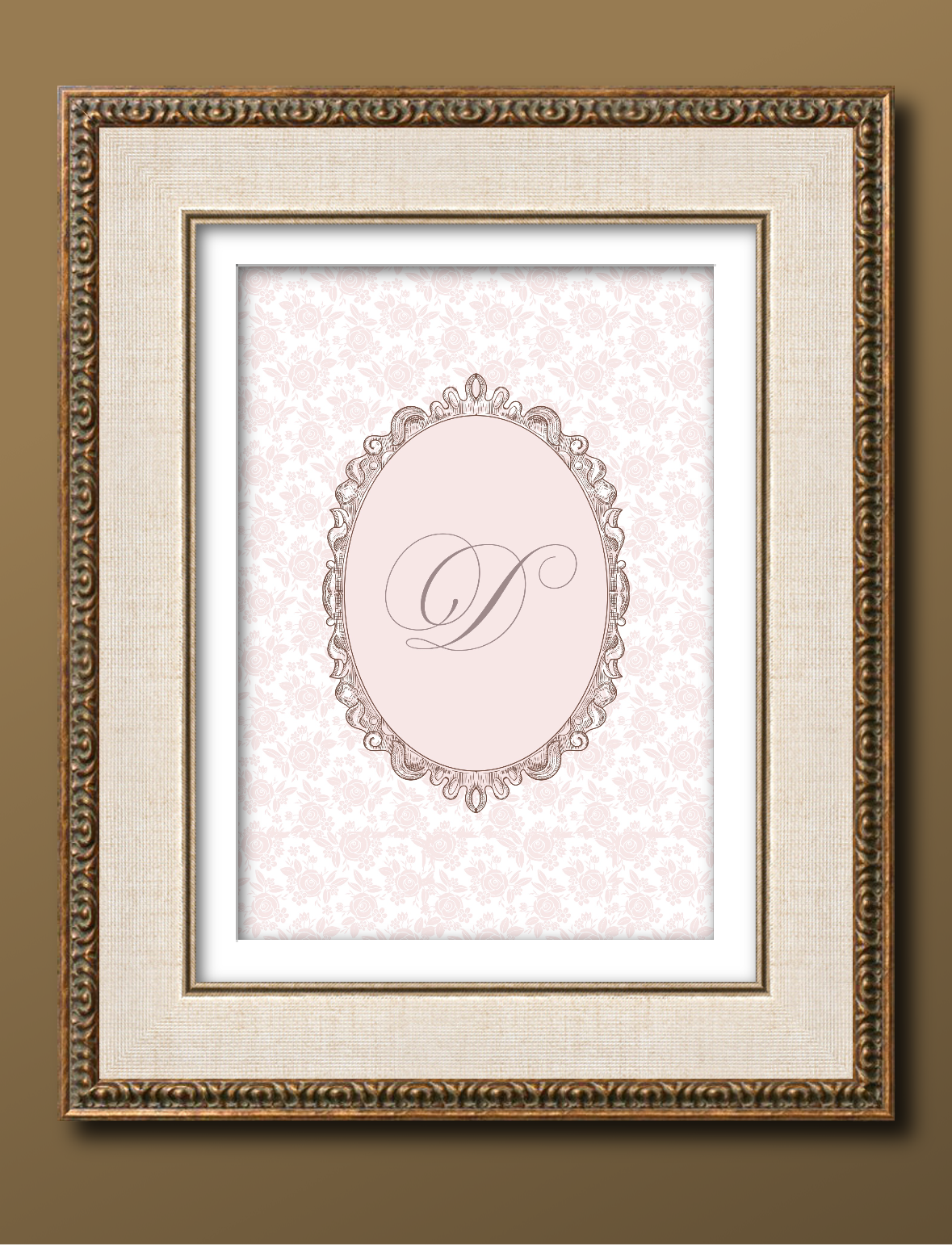 Vintage Pink Floral Initial Wall Print.