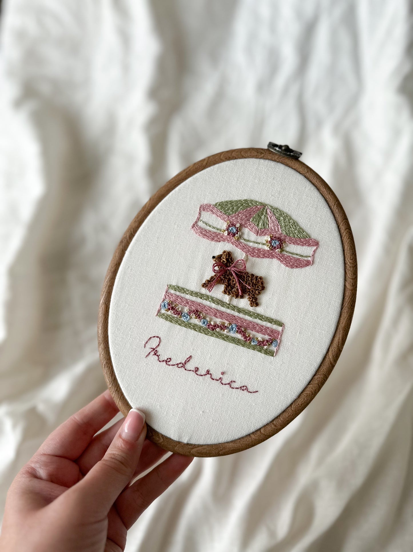 “Happy Hearts Carosel” Hand embroidered keepsake.