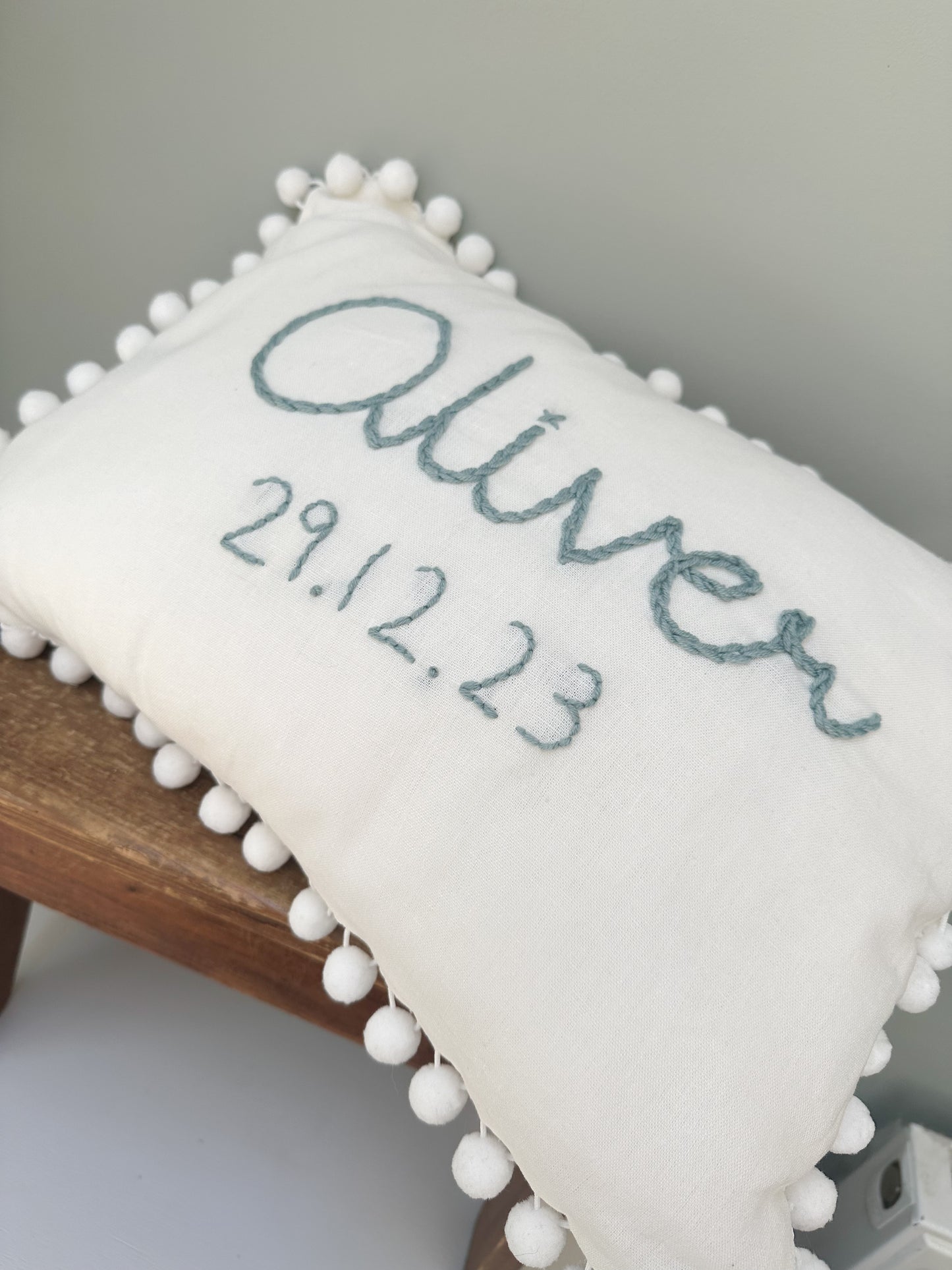 Hand Embroidered Date of Birth and Name Childrens First Cushion - Heirloom Keepsake