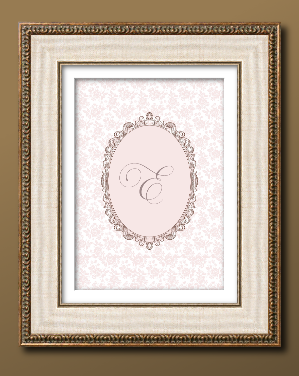 Vintage Pink Floral Initial Wall Print.