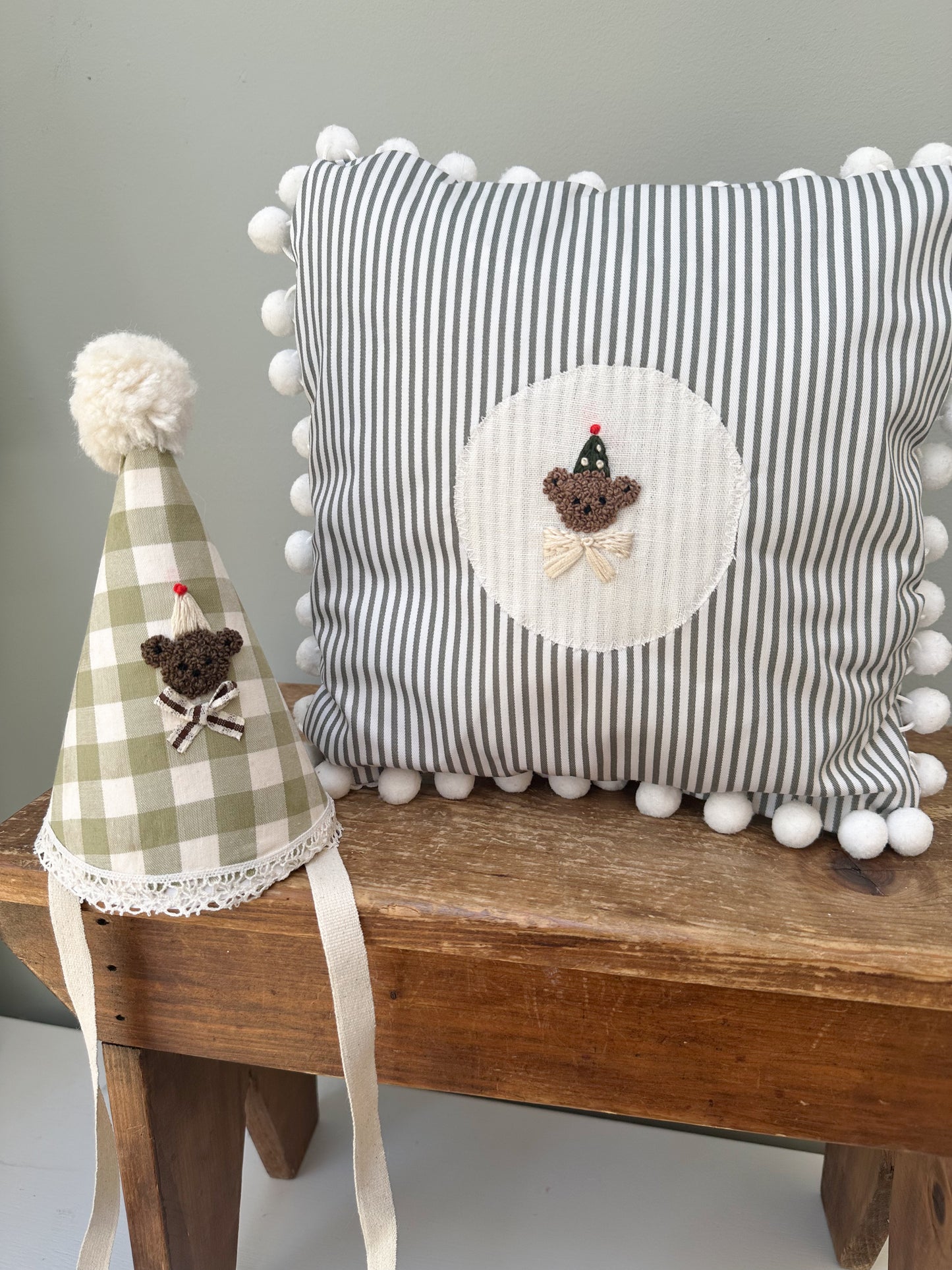 Handmade Grey Stripe Cushion with Hand Embroidered Master Ted Teddy Bear