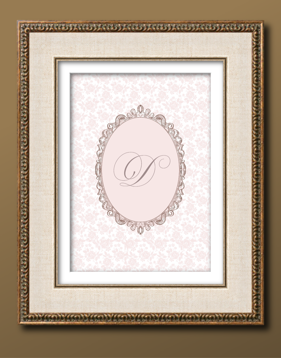 Vintage Pink Floral Initial Wall Print.