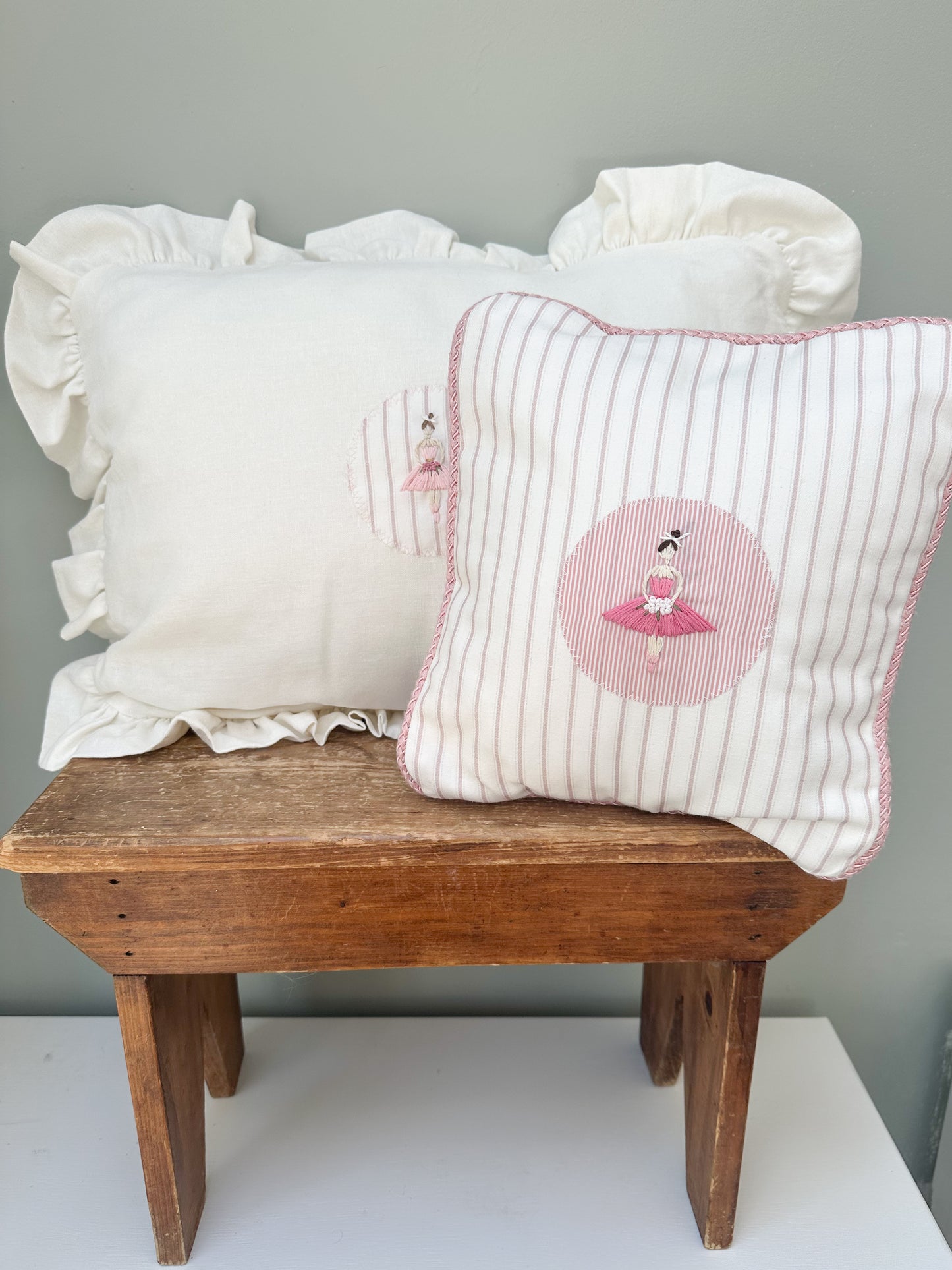 Handmade Linen Cushion, with Hand Embroidered Ballerina Cushion - 'Giselle'.