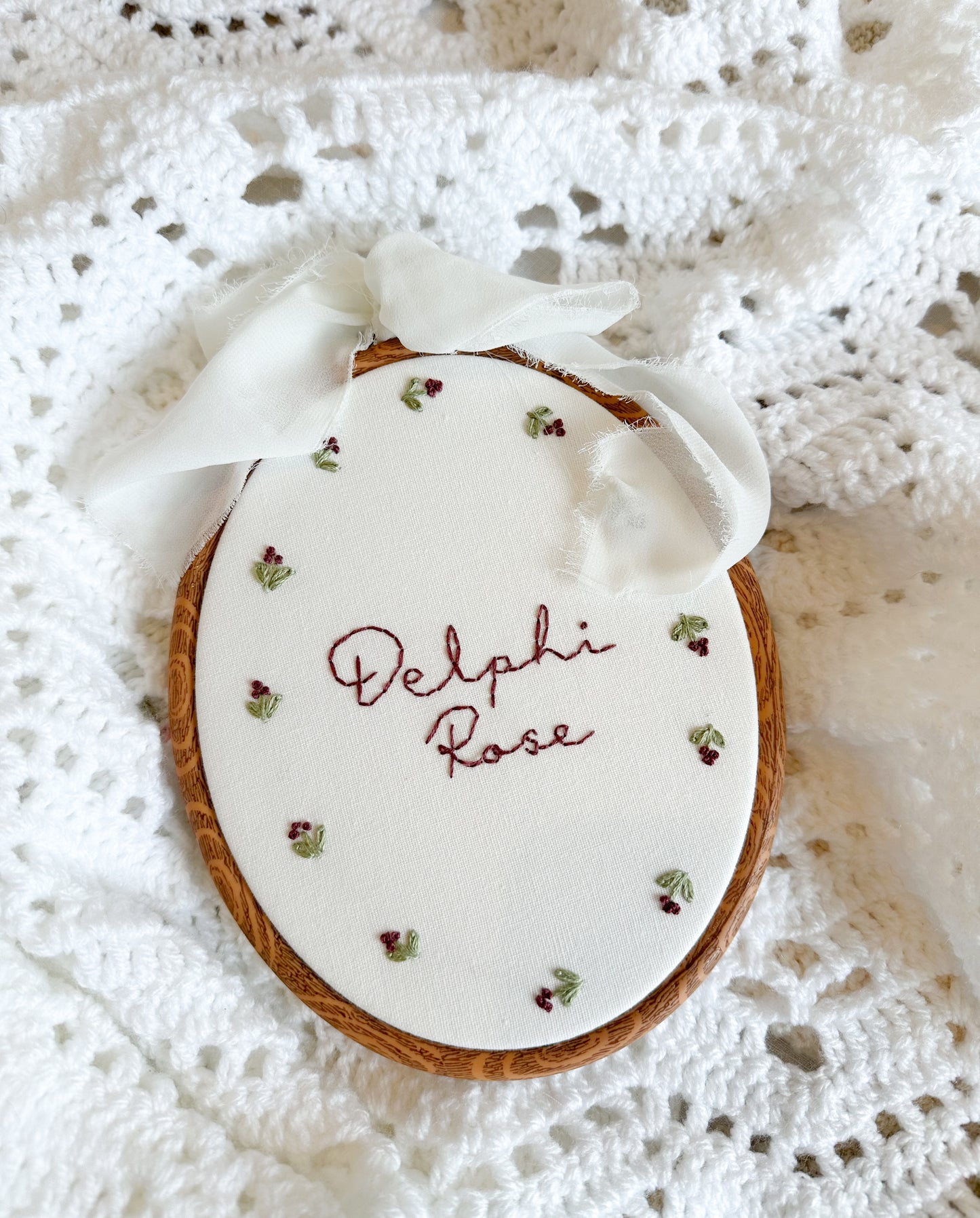Floral name hand embroidered hoop