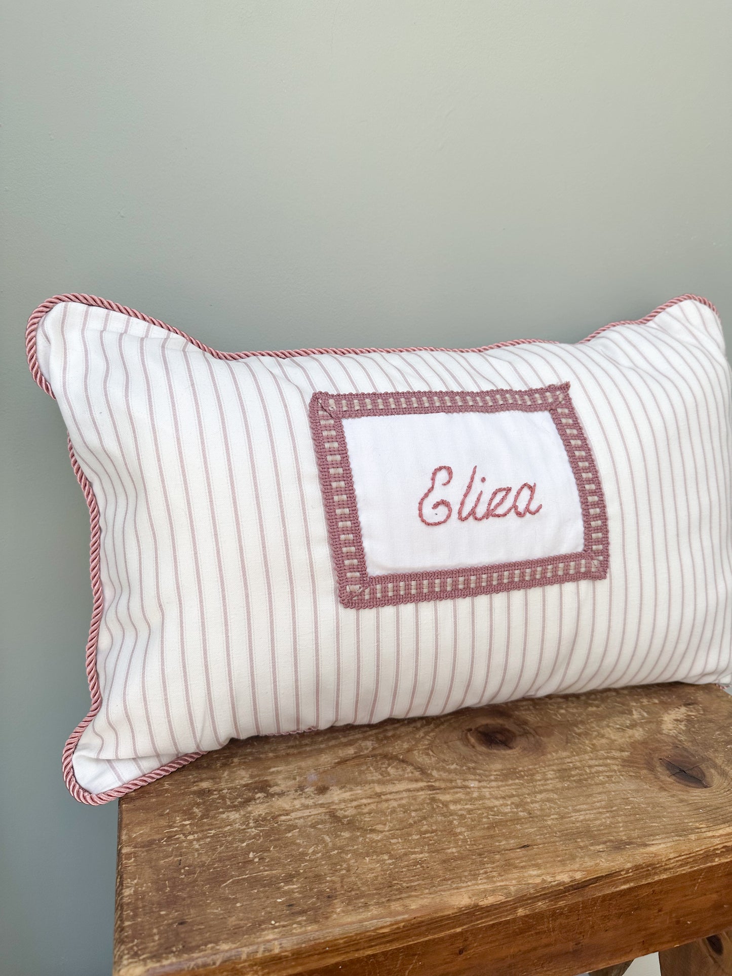 Handmade Heirloom Keepsake Personalised Ticking Stripe Childrens Cushion