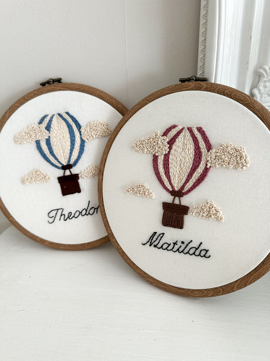 Hand Embroidered Personalised Hot Air Balloon Embroidery Hoop