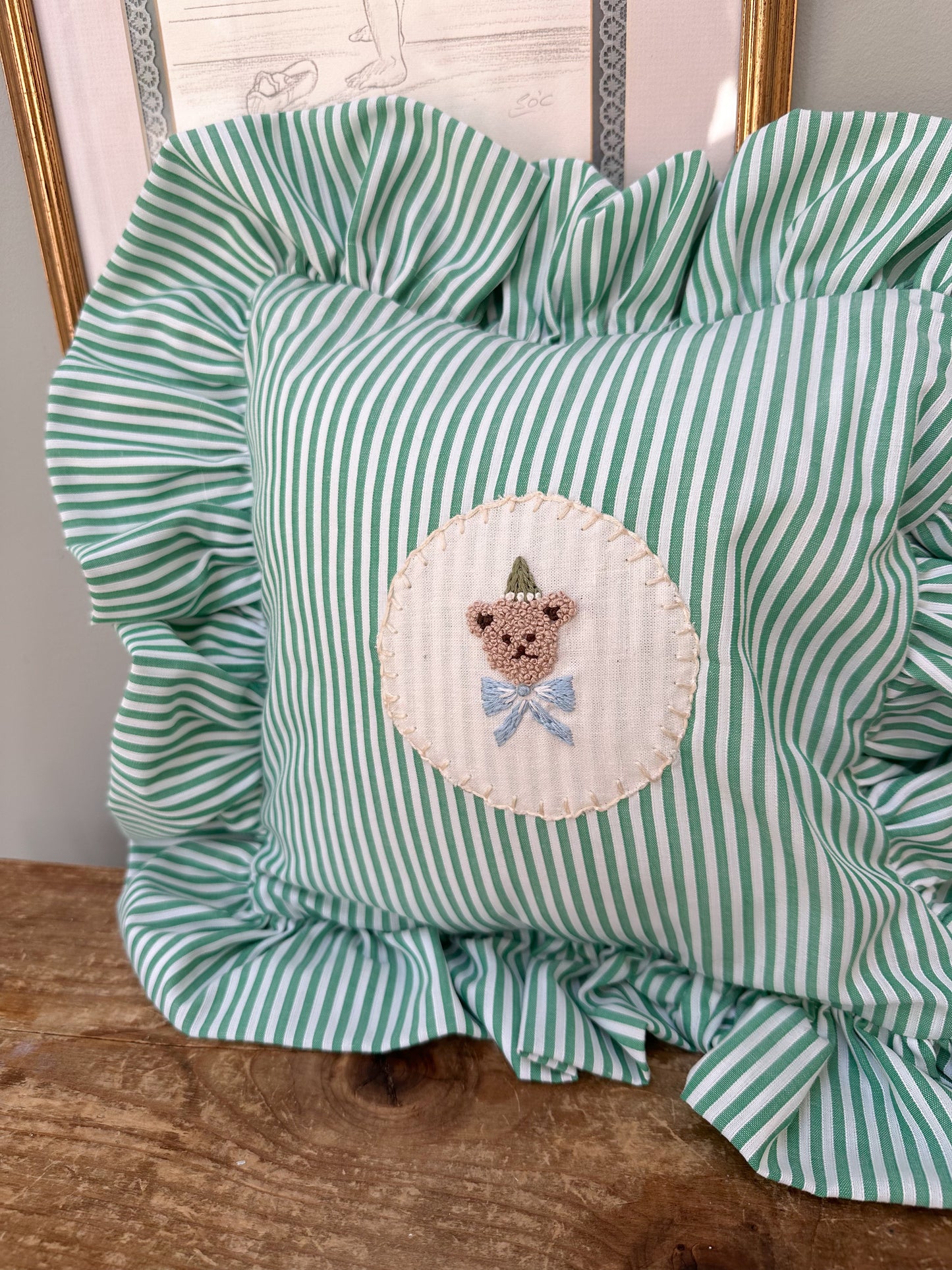 Handmade Green Pinstripe Childrens Cushion with Hand Embroidered Bear