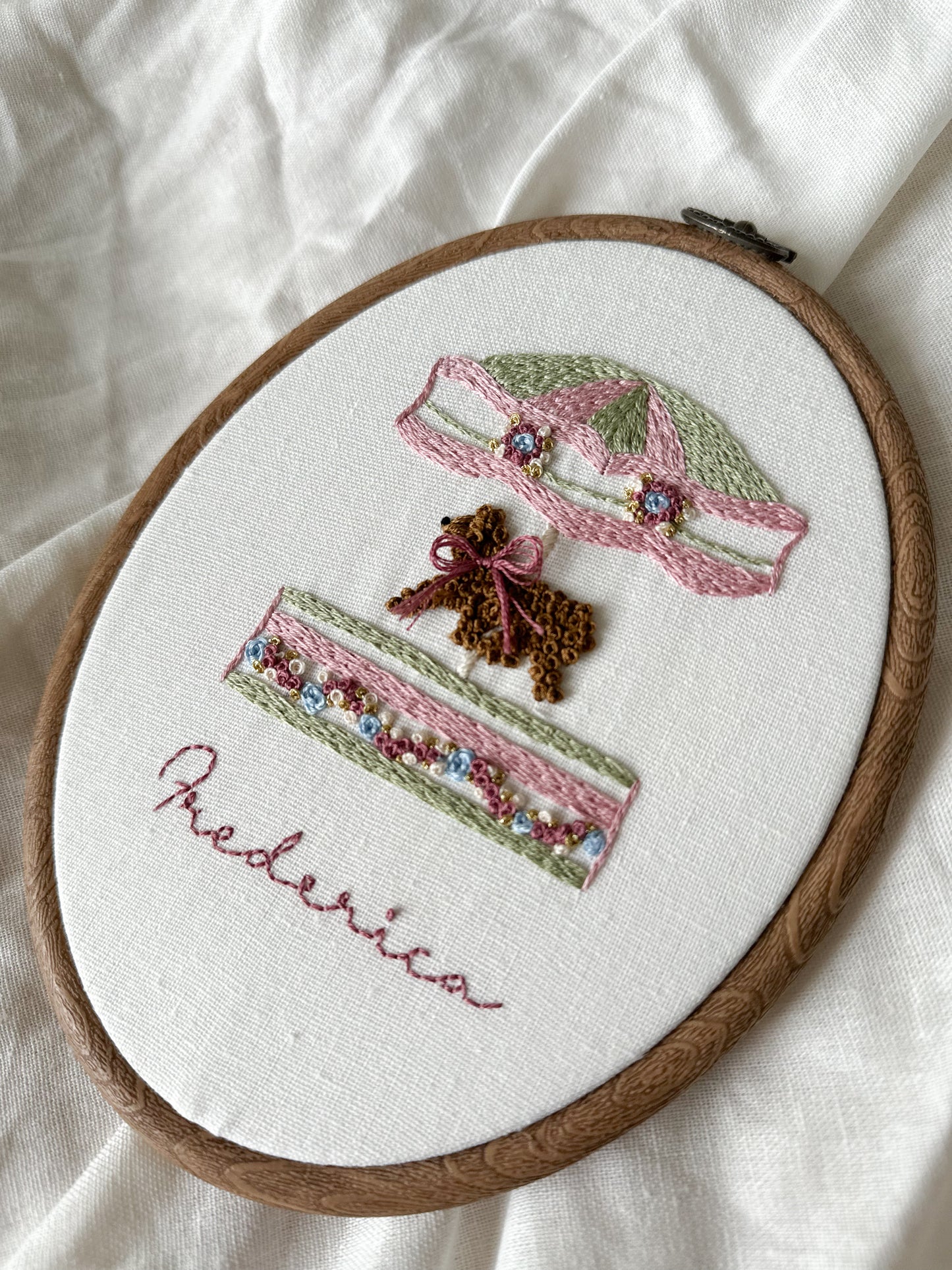 “Happy Hearts Carosel” Hand embroidered keepsake.
