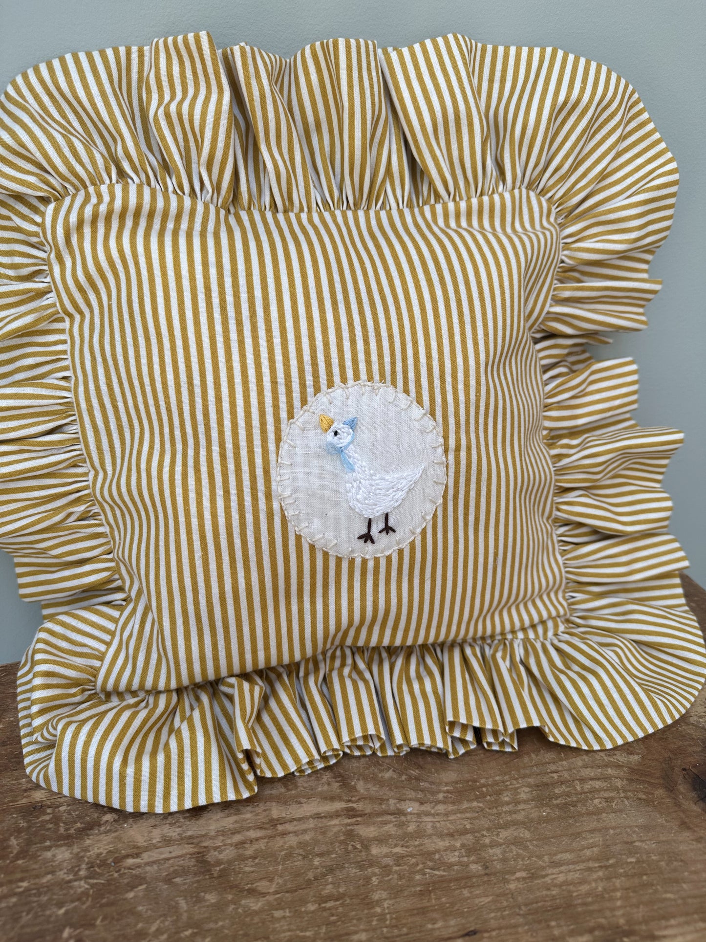 Small Handmade Mustard Stripe Cushion with Hand Embroidery Noa Puddleduck Childrens Cushion