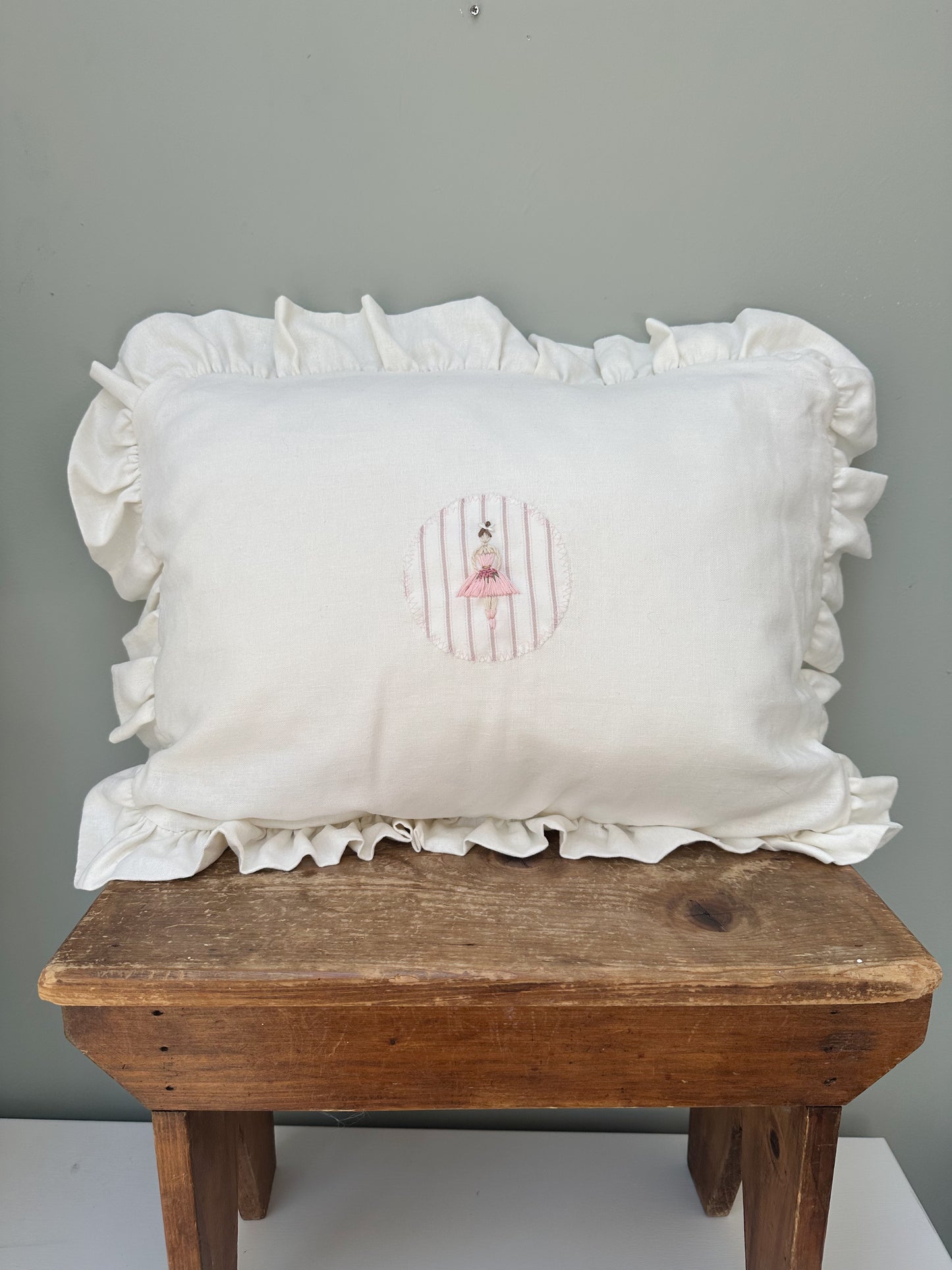 Handmade Linen Cushion, with Hand Embroidered Ballerina Cushion - 'Giselle'.