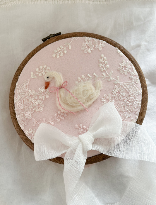 Handmade Needle Felted Swan Embroidery Hoop